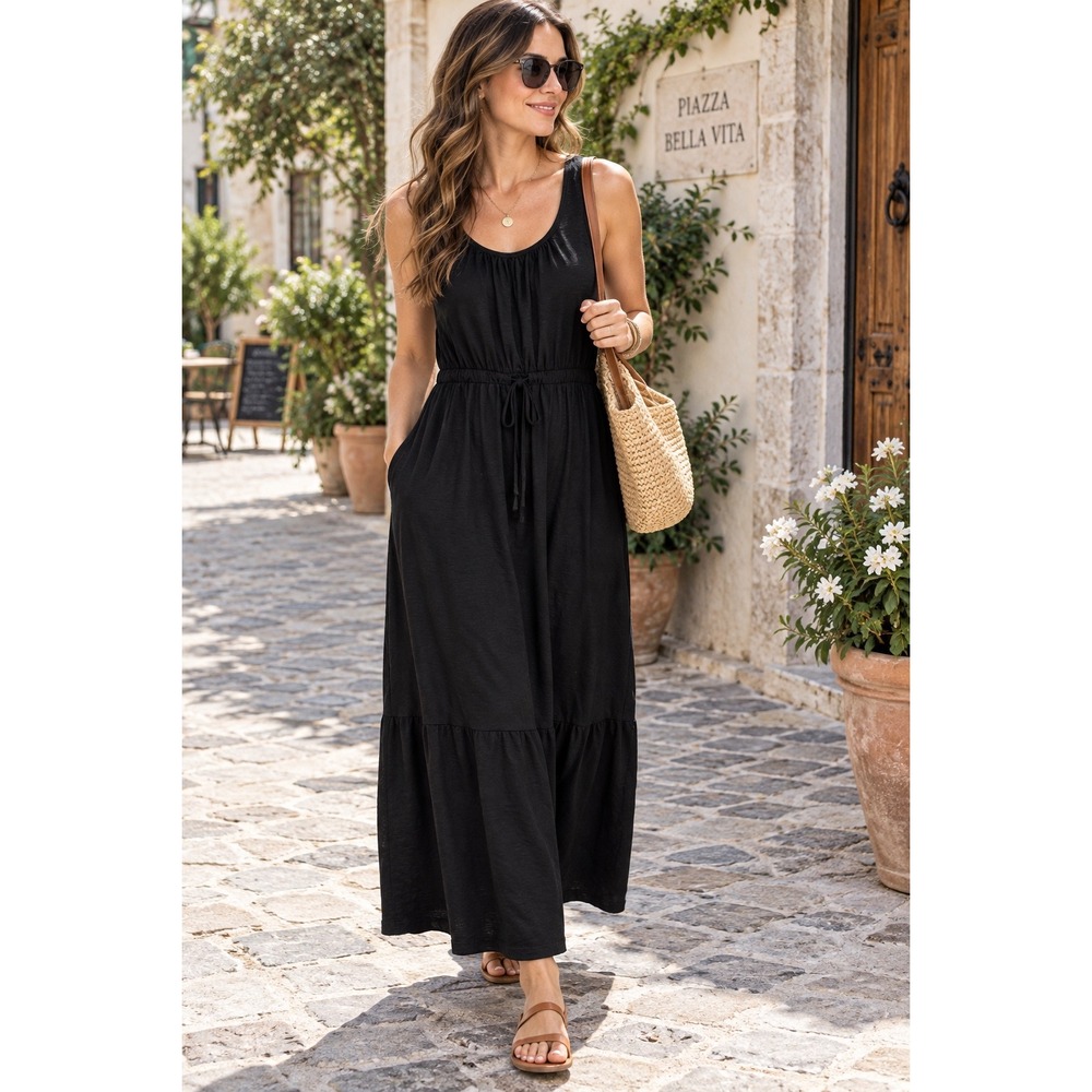 Pact Maxi Dress Women Size S Black Organic Cotton Slub Tiered Pocket Drawstring